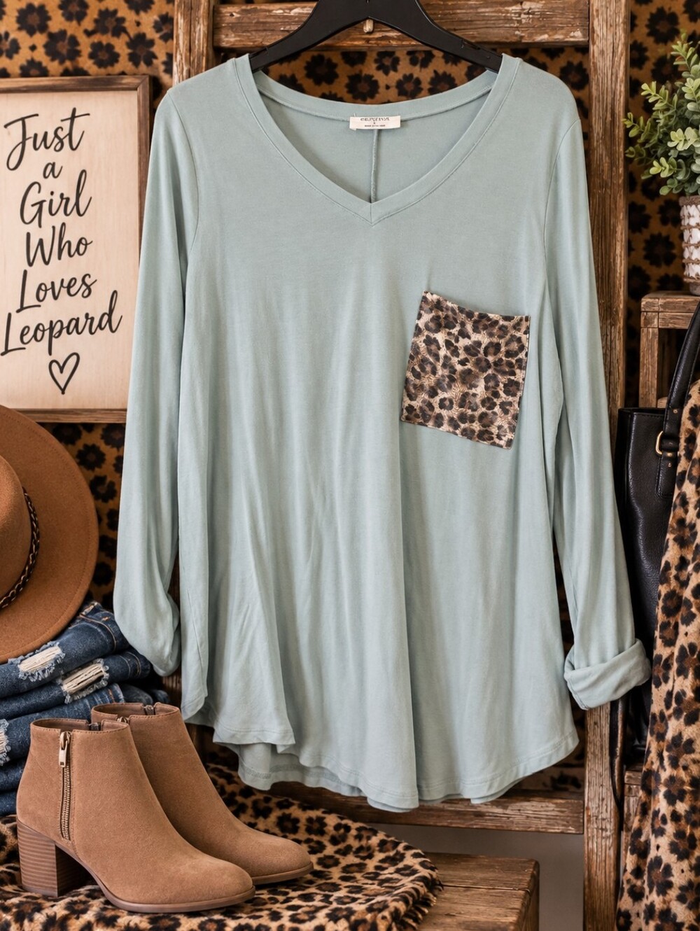 Zenana Gray Leopard Print Pocket V-Neck Long Sleeve Top L